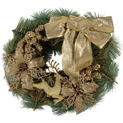 Clayre & Eef Zeleno-zlatý vánoční věnec s mašlí a jelenem Christmas Deer - Ø 30*7 cm