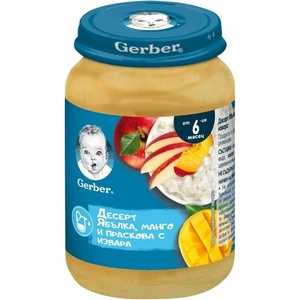 Gerber Пюре Ябълки, Манго, Праскови и Извара 6+м, 190г