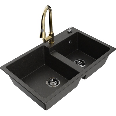 Mexen Tomas гранитна мивка с двоен басейн и кухненски смесител Elia, черен/златен металик - 6516-75-670101-50-B (6516-75-670101-50-B)