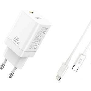 XO Стенно зарядно CE10 PD 65W 1xUSB-C бяло + кабел USB-C - Lightning