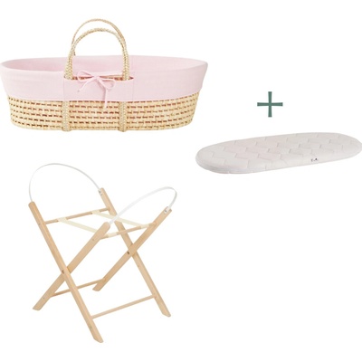 Ahojbaby sada Mojžíšův košík pro miminko Corn se skládacím stojanem natural, růžovým potahem – Zboží Dáma