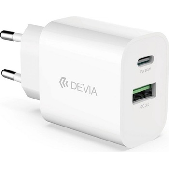 DEVIA SMART мрежово зарядно устройство USB+Type-C гнездо 20W, PD бързо зарядно устройство, БЯЛО ST385247 (ST385247)
