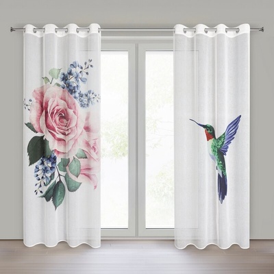 Takoy Sada 2 ks závěsů LIA z lehkého etamínu s motivem růží a roztomilého kolibříka 140 x 260 cm-HF-440327 | 140 x 260 cm