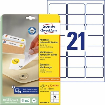 Avery-Zweckform L6023REV-25 etikety 63.5 x 38.1 mm papier biela 630 ks premiestniteľné univerzálne etikety atrament, laser, kópie; L6023REV-25