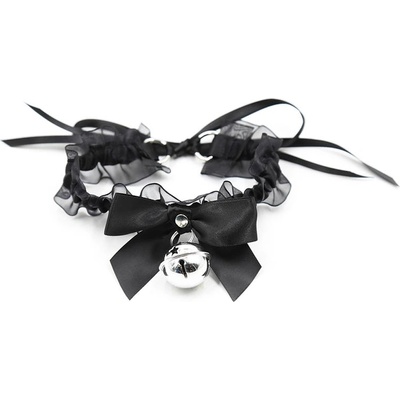 LateToBed BDSM Line Collar with Bow, Bell and Lace Black