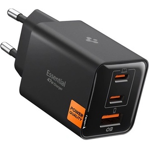 Spigen ESSENTIAL EE473EU Променливотоково зарядно устройство USB+2 Type-C гнездо 47W, PD бързо зарядно устройство 3.0, ЧЕРНО ACH09465 (ACH09465)