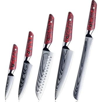 HARAHU Комплект дамаски ножове ma-35085 - 5бр / Червен kp35085 (ma-35085)
