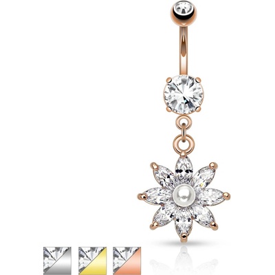 Šperky eshop ocelový piercing do pupíku třpytivý zirkonový květ čiré barvy perlička R46.9 zlatá čirá