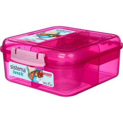 Sistema Dělený svačinový box Lunch Bento Cube s nádobou na jogurt a 2 tácky 1,25 l, růžová