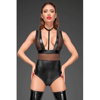 Noir Handmade F183 Powerwetlook Body with Wide Straps, Tulle Inserts and Velvet Choker L