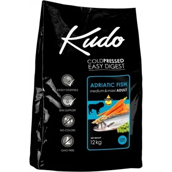 Kudo Kudo Low Grain Adriatic Fish Meduim Maxi Adult, студено пресована храна за пораснали кучета от средни и едри породи, над 12 месеца, с риба, БЕЗ ГЛУТЕН - 12 кг - Сърбия