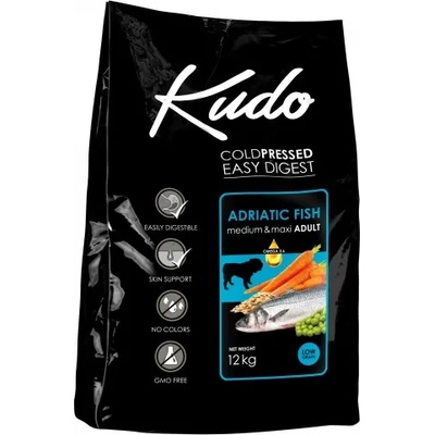Kudo Kudo Low Grain Adriatic Fish Meduim Maxi Adult, студено пресована храна за пораснали кучета от средни и едри породи, над 12 месеца, с риба, БЕЗ ГЛУТЕН - 12 кг - Сърбия