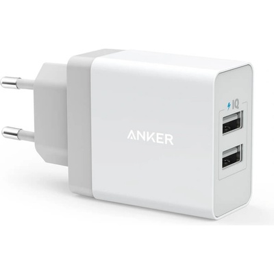 Захранване с два USB изхода и технология за бързо зареждане - Anker PowePort 2 24W USB Charger с PowerIQ и VoltageBoost (бял) (A2021321)