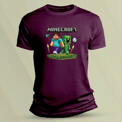 Sandratex dětské tričko s potiskem Minecraft Steve a Creeper Vínová