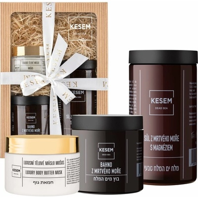 Kesem Home Spa telové maslo 350 ml + prírodná kúpeľová soľ z Mŕtveho mora 1 kg + bahno s minerálmi z Mŕtveho mora 600 g + dekorácia
