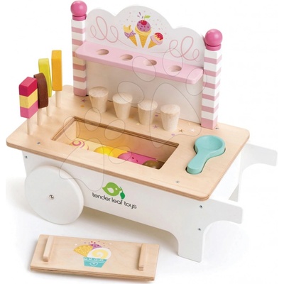 Tender Leaf Toys TL8236 Ice Cream Cart drevený zmrzlinársky vozík na kolieskach s nanukmi a zmrzlinou 15 doplnkov