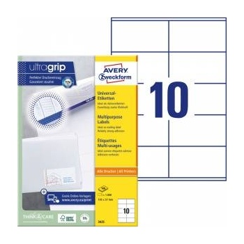Avery Zweckform labels 105mm x 57mm, A4, white, 10 labels, packed with 100 pcs, 3425, for laser and inkjet printers