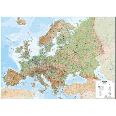 Evropa fyzická - nástěnná mapa 136 x 100 cm ve stříbrném hliníkovém rámu