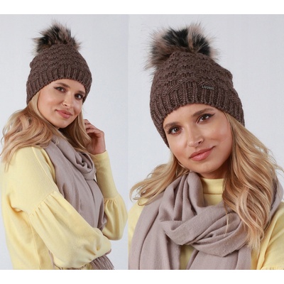 Fashionweek dámská zimní čepice s bambulí flísová podšívka ZIZI-P16 Mocca