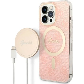 GUESS Комплект безжично зарядно устройство и кейс Guess GUBPP13LH4EACSP за iPhone 13 Pro, розов / розов, твърд, съвместим с MagSafe, 4G Print (GUE002562-0)