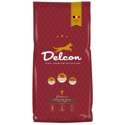 Delcon Dog Regular Plus Lamb High Premium - супер премиум суха храна за пораснали кучета от всички породи, с висока активност и храносмилателни проблеми с агне, пиле и ориз, 12 кг - Белгия