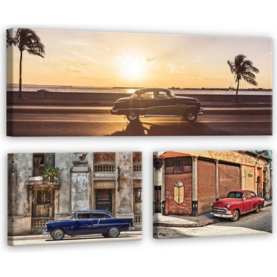 Postershop Obraz na plátně: Havana auto u moře - set 1ks 80x30 cm a 3ks 37,5x24,8 cm
