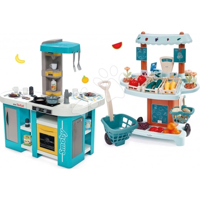 Smoby Set kuchyňka elektronická Tefal Studio 360° XL Bubble a zeleninový Bio stánek s vozíkem Organic Market