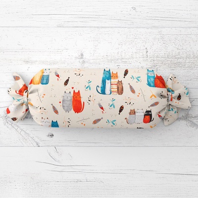 Biante vankúš valec bonbon Sandra SA-655 Mačací svet modro-červený na krémovom 15x100