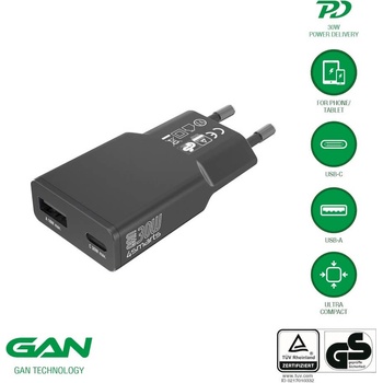4smarts Захранване за ел. мрежа с USB-A и USB-C изходи и технология за бързо зареждане - 4smarts GaN Duos Slim Wall Charger 30W PD (черен) (541744)