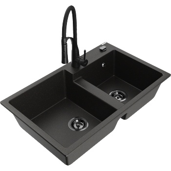 Mexen Tomas двукоморна гранитна мивка с кухненски смесител Aster, черен/златен металик - 6516-75-73450-70-B (6516-75-73450-70-B)