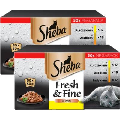SHEBA 100x50g Fresh & Fine mokré krmivo pre dospelé mačky v omáčke s kuracím mäsom, s hydinou, s morčacím mäsom