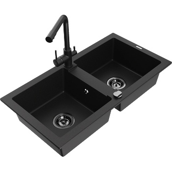 Mexen Mario двукомпонентна гранитна мивка с кухненски смесител Duero, черен - 6504-77-671600-70-B (6504-77-671600-70-B)