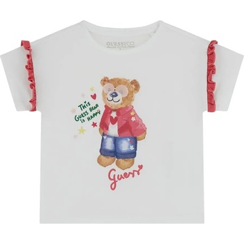 GUESS Нежна бяла тениска за мини момиче с червени къдрички и цветно мече отпред Guess