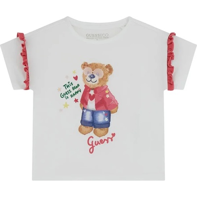 GUESS Нежна бяла тениска за мини момиче с червени къдрички и цветно мече отпред Guess