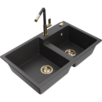 Mexen Tomas гранитна мивка с 2 отделения с кухненски смесител Flora, черно (6516-76-670401-57-G)