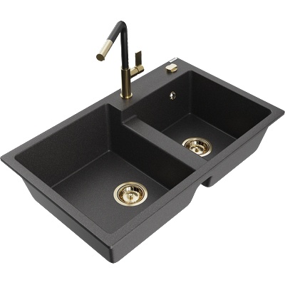 Mexen Tomas гранитна мивка с 2 отделения с кухненски смесител Flora, черно (6516-76-670401-57-G)