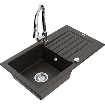 Mexen Pablo гранитна кухненска мивка с 1 камера и отцедник и кухненски смесител Elia, черен/златен металик - 6510-75-670101-00 (6510-75-670101-00)
