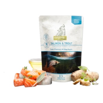 isegrim - Висококачествен пауч за израснали кучета със сьомга и пъстърва, 410 гр