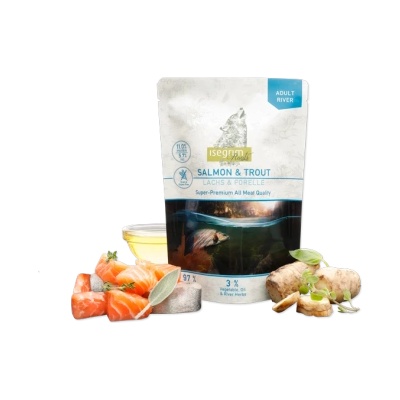 isegrim - Висококачествен пауч за израснали кучета със сьомга и пъстърва, 410 гр