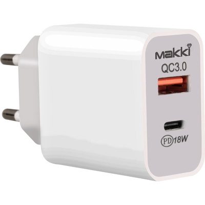Makki бързо зарядно Fast Charger Wall - QC3.0 + Power Distribution Type-C 18W White - MAKKI-PQ18W-WH (MAKKI-PQ18W-WH)