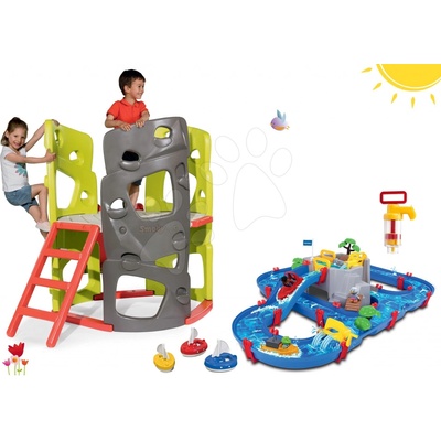 Smoby set preliezačka Multi-Activity Tower na šplhanie so šmykľavkou a vodná dráha Mountain Lake s jaskyňou, pumpou a loďkami 840201-17