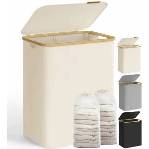 Songmics Laundry Basket with Lid, Laundry Hamper with 2 Compartments, 130L, Removable Laundry Bag, Oxford Fabric, Bamboo Handles, Foldable, 52 x 38.5 x 70.5 cm, Cream White LCB513W01 - LCB513W01V1