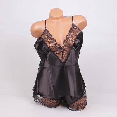 Макси сатенена пижама в черно с дантела