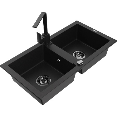 Mexen Mario гранитна мивка с 2 камери и кухненски смесител Rita, черен - 6504-77-670300-70-B (6504-77-670300-70-B)