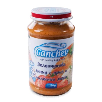Ганчев пюре Зеленчукова яхния с ориз и пиле 12м+