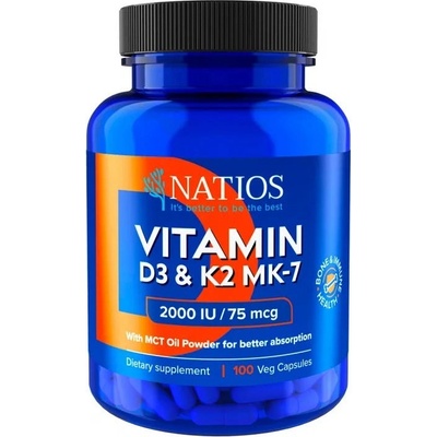 Natios Vitamín D3 + K2 (MenaQ7 MK-7), 2000 IU + 75 mcg, 100 kapslí