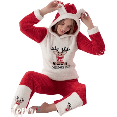 Дамски пухкав коледен комплект в червено и бледорозово