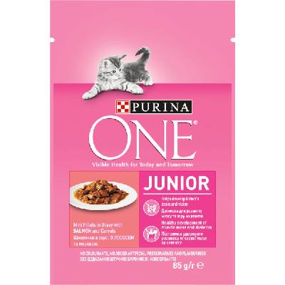 Purina One Cat Junior mini filetky s lososom a mrkvou v šťave 26 x 85 g