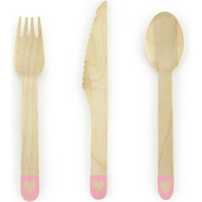 PartyDeco Príbory drevené so srdiečkom ružové