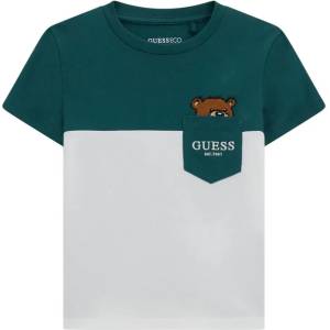GUESS Двуцветна тениска за мини момче в зелено и бяло с джоб и сладко мече Guess
